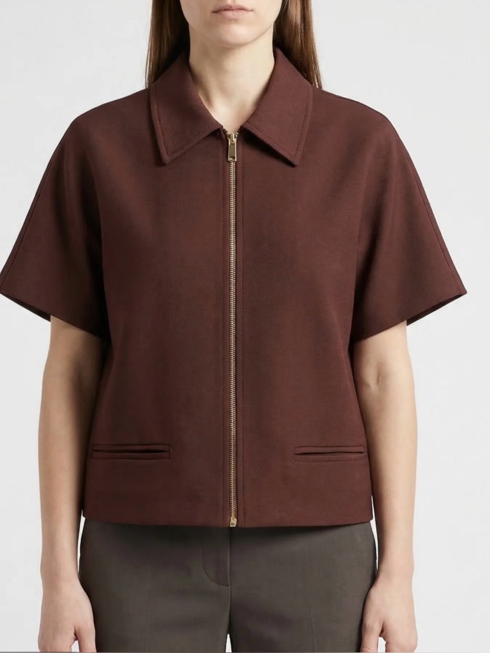 Zara Short-Sleeve Zip Front Bomber Jacket in Deep Brown